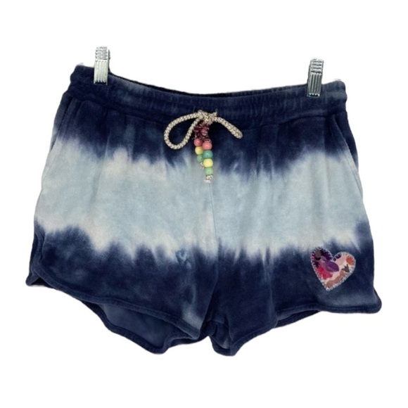 LoveShackFancy Blue Tie Dye Embroidered Patchwork Jersey Loungewear Shorts Small - Picture 1 of 5